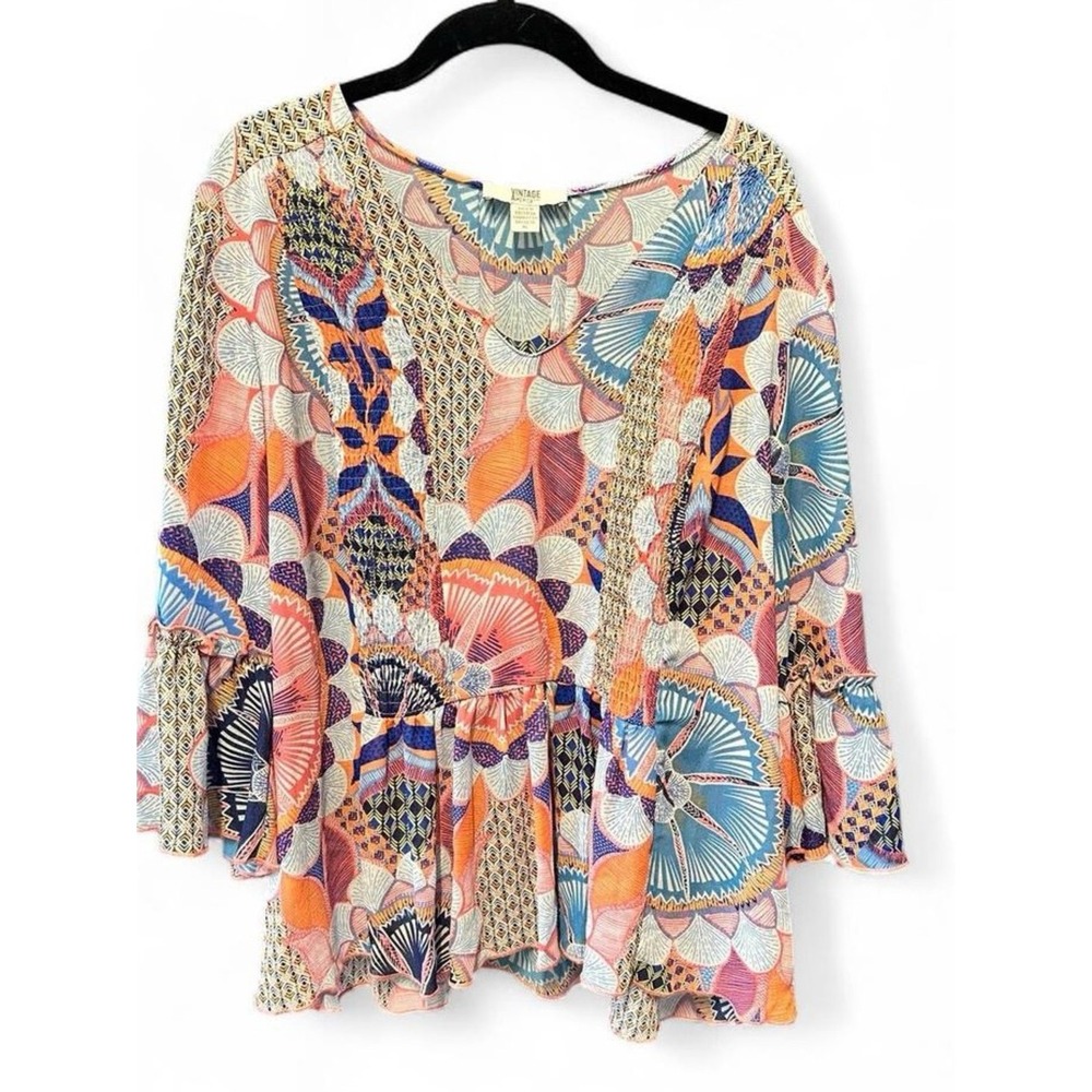 Vintage America Boho Sheer Peasant Blouse Ruffled Bell Sleeves Seashells X-Large